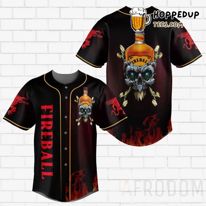 Fireball Themed Skull Emblematic Baseball Jersey Unique Look