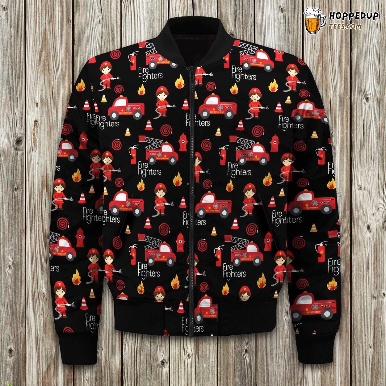Firefighter Seamless Pattern With Fire Related Icons Specially For Fabric Patterns Bomber Jacket