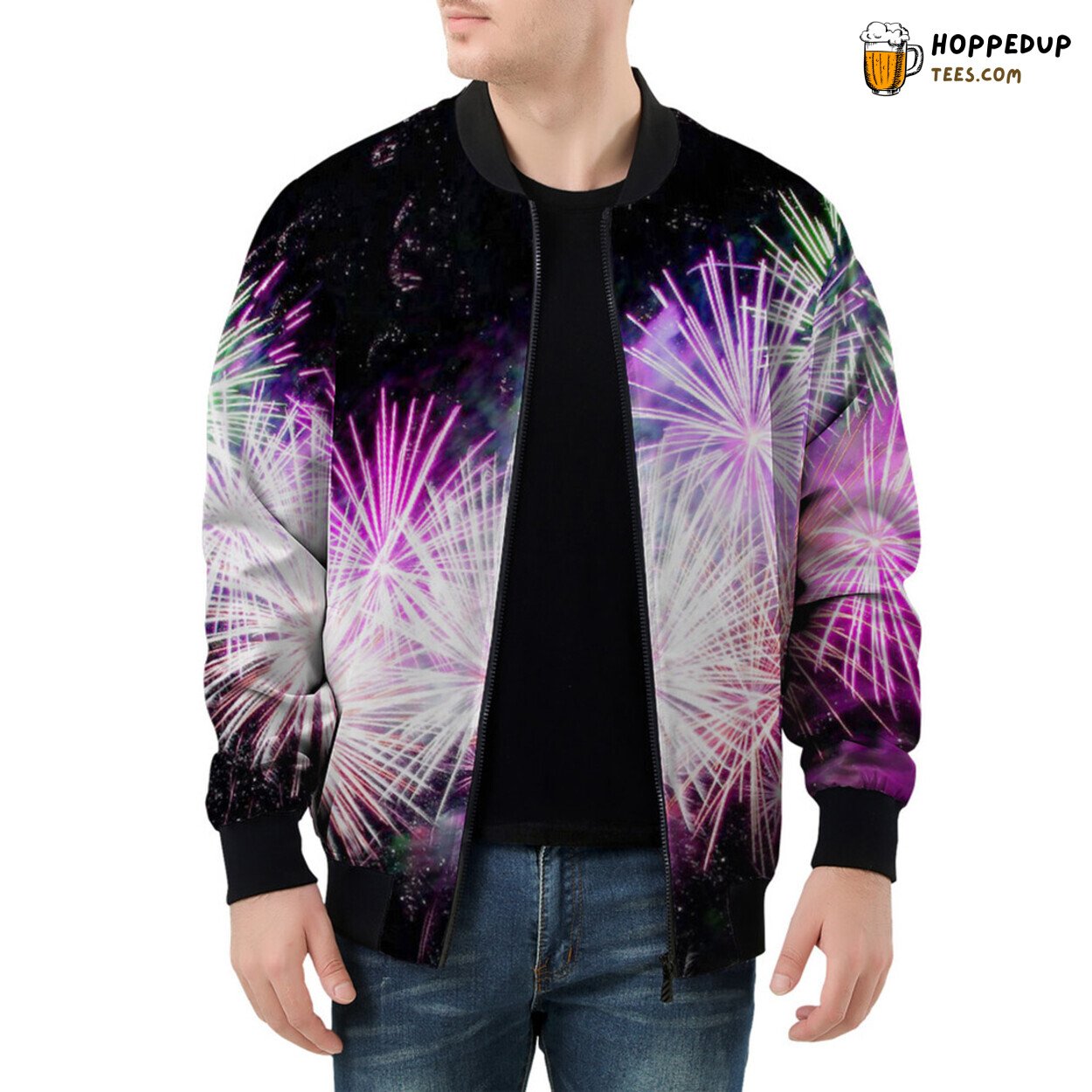 Firework Explosions Light Up Men’s Bomber Jacket Design Canvas