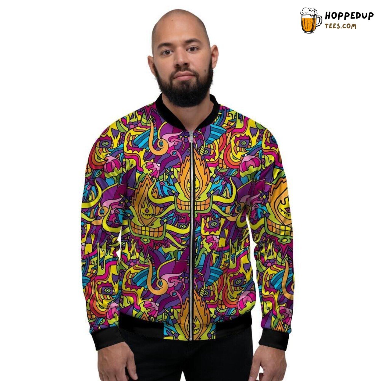 Flame Inspired Hippie Psychedelic Art Men’s Bomber Jacket Fiery Trippy Display