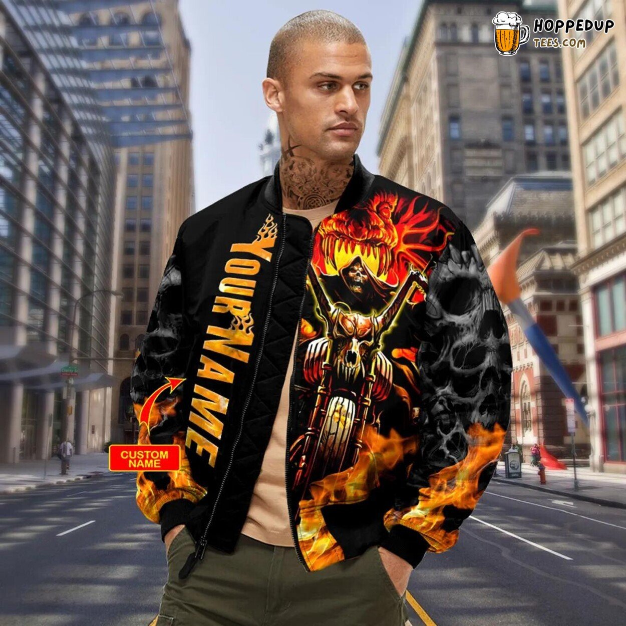 Flaming Skull Rider Unique Bomber Jacket 3D Viking Graphic Print Clothing