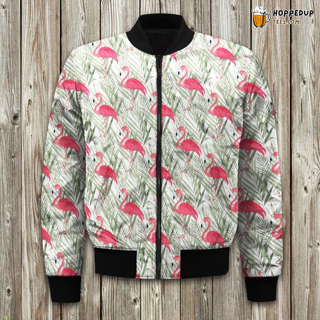Flamingo And Green Leaves For Animal Lover Illutration Seamless Bomber Jacket
