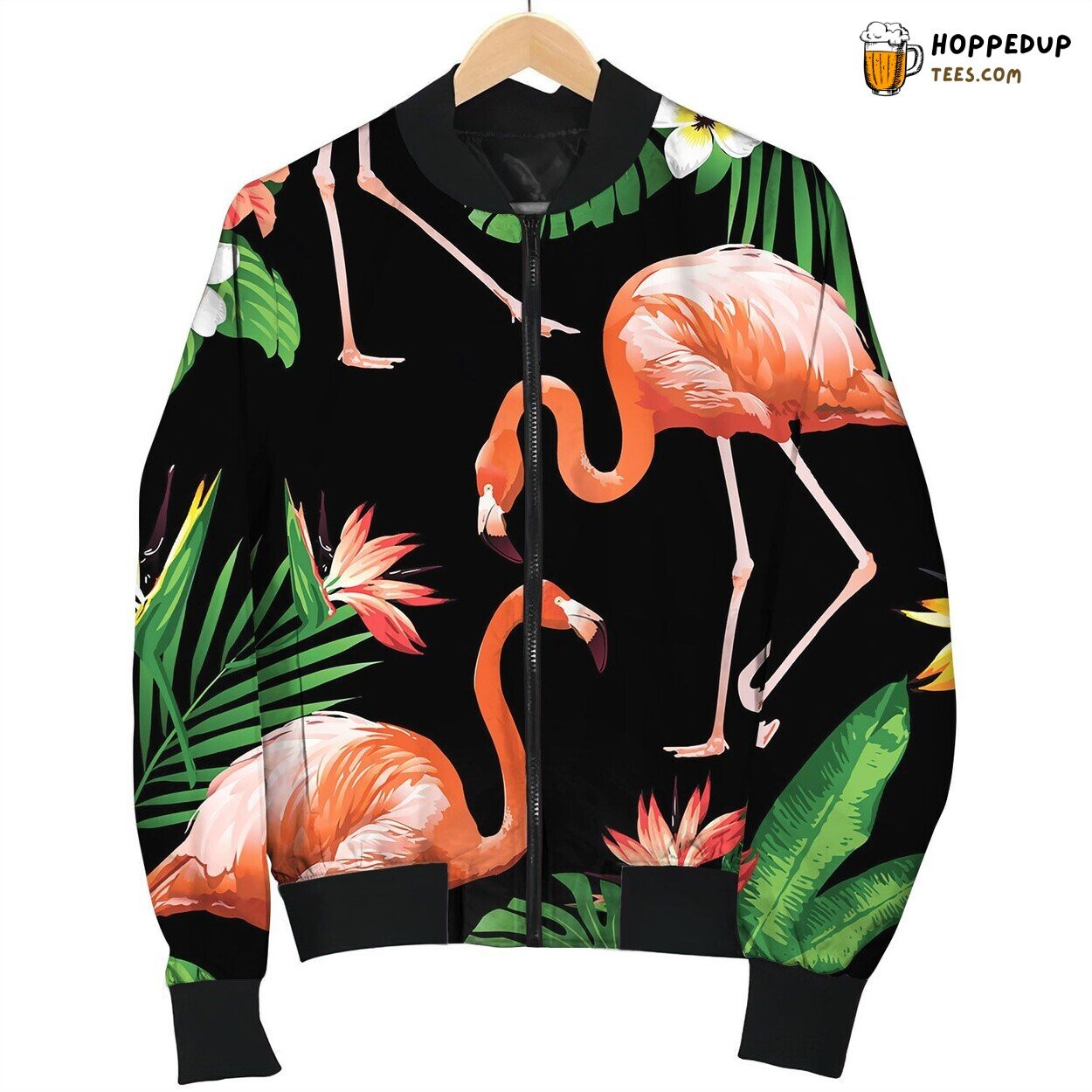 Flamingo Bird And Tropical Flowers Background Seam Bomber Jacket