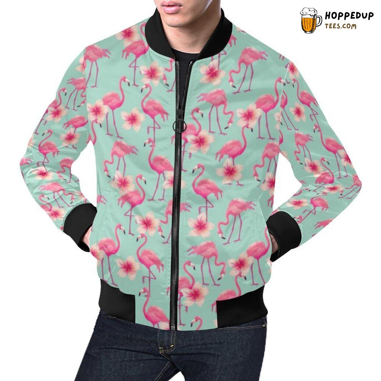 Flamingo Hibiscus Tropical Hawaiian Floral Pattern Men’s Bomber Jacket