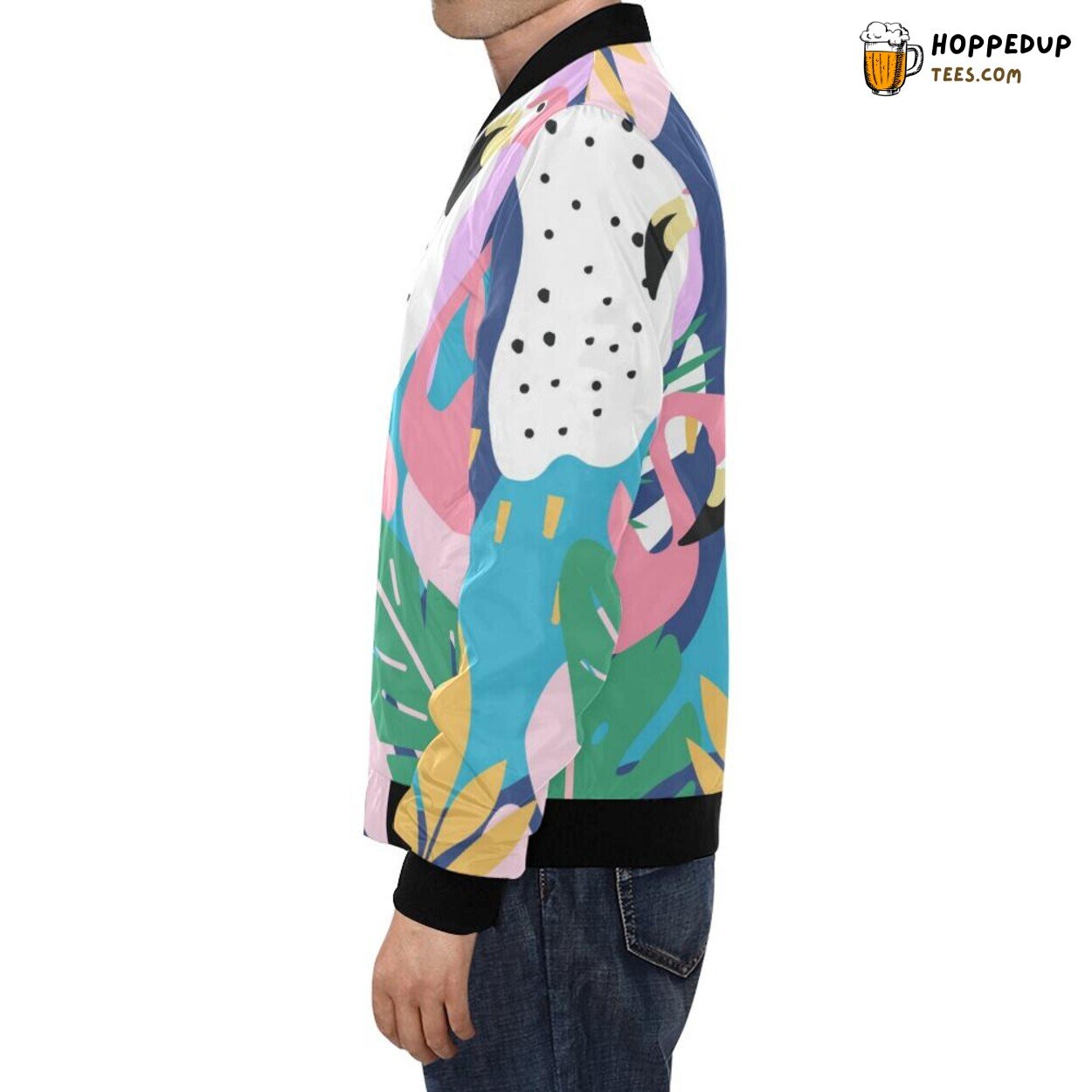 Flamingo Palm Leaves Tropical Men’s Bomber Jacket Hawaiian Inspired Design Wear