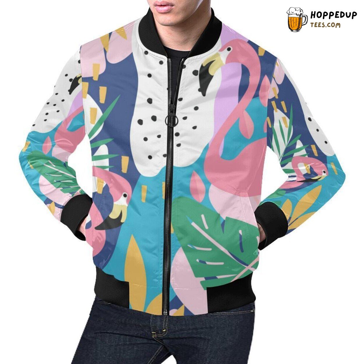 Flamingo Palm Leaves Tropical Men’s Bomber Jacket Hawaiian Inspired Design Wear
