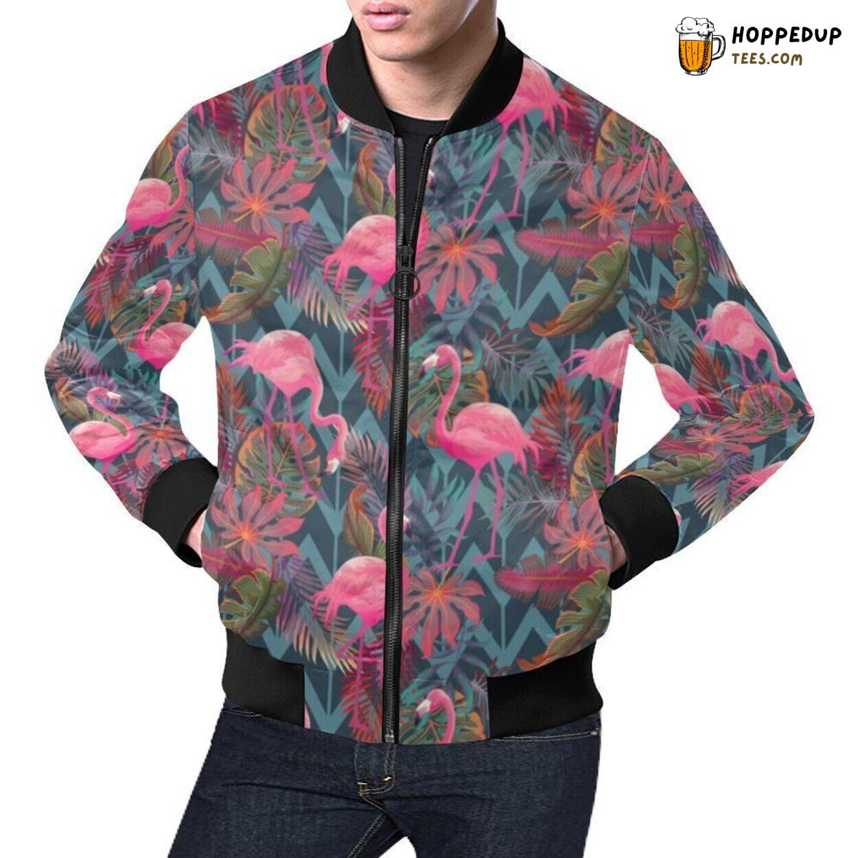 Flamingo Stripe Pattern Hawaiian Tropical Men’s Bomber Jacket Print