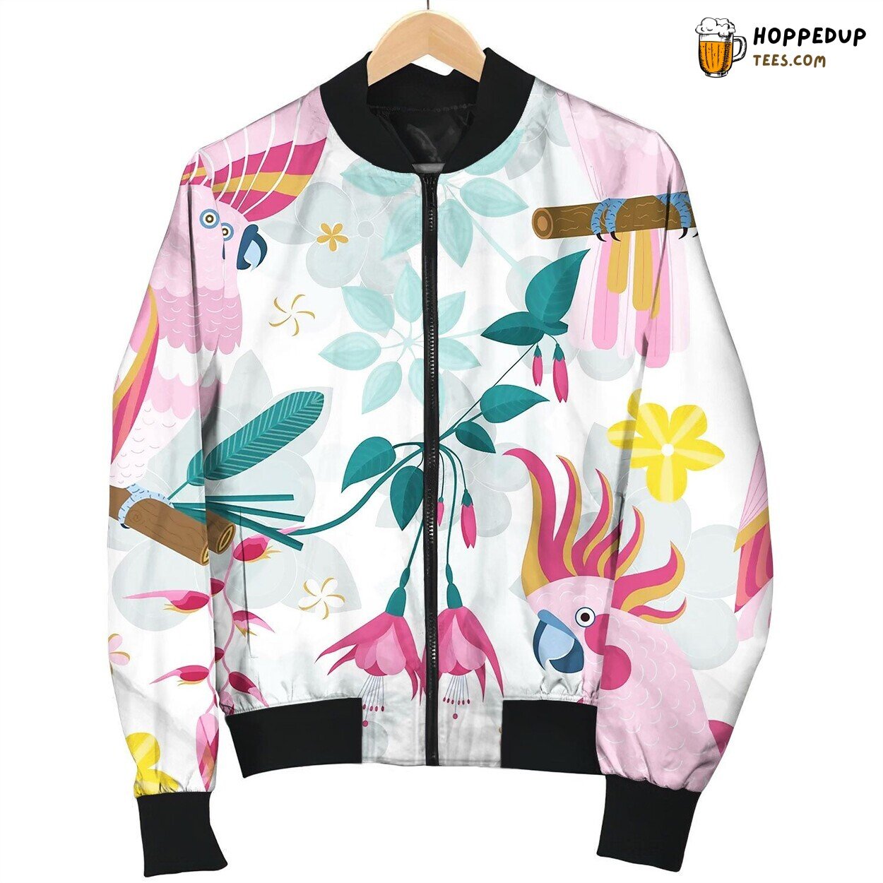 Flat Pink Parrots And Exotic Flowers Pattern Bomber Jacket