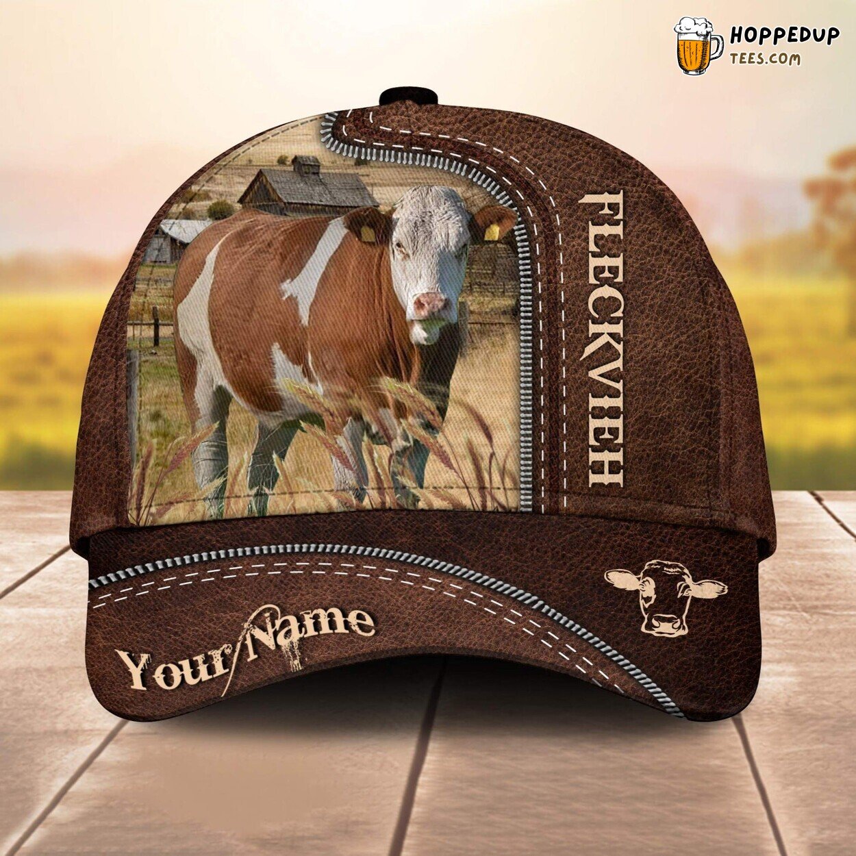 Fleckvieh 3D Leather Pattern Custom Cap Baseball Animal Farming Lovers