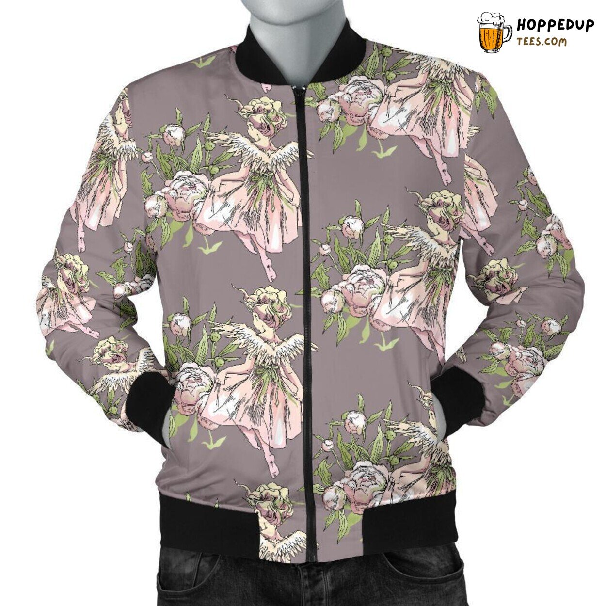 Floral Angel Print Pattern Men’s Bomber Jacket Fashionable Style