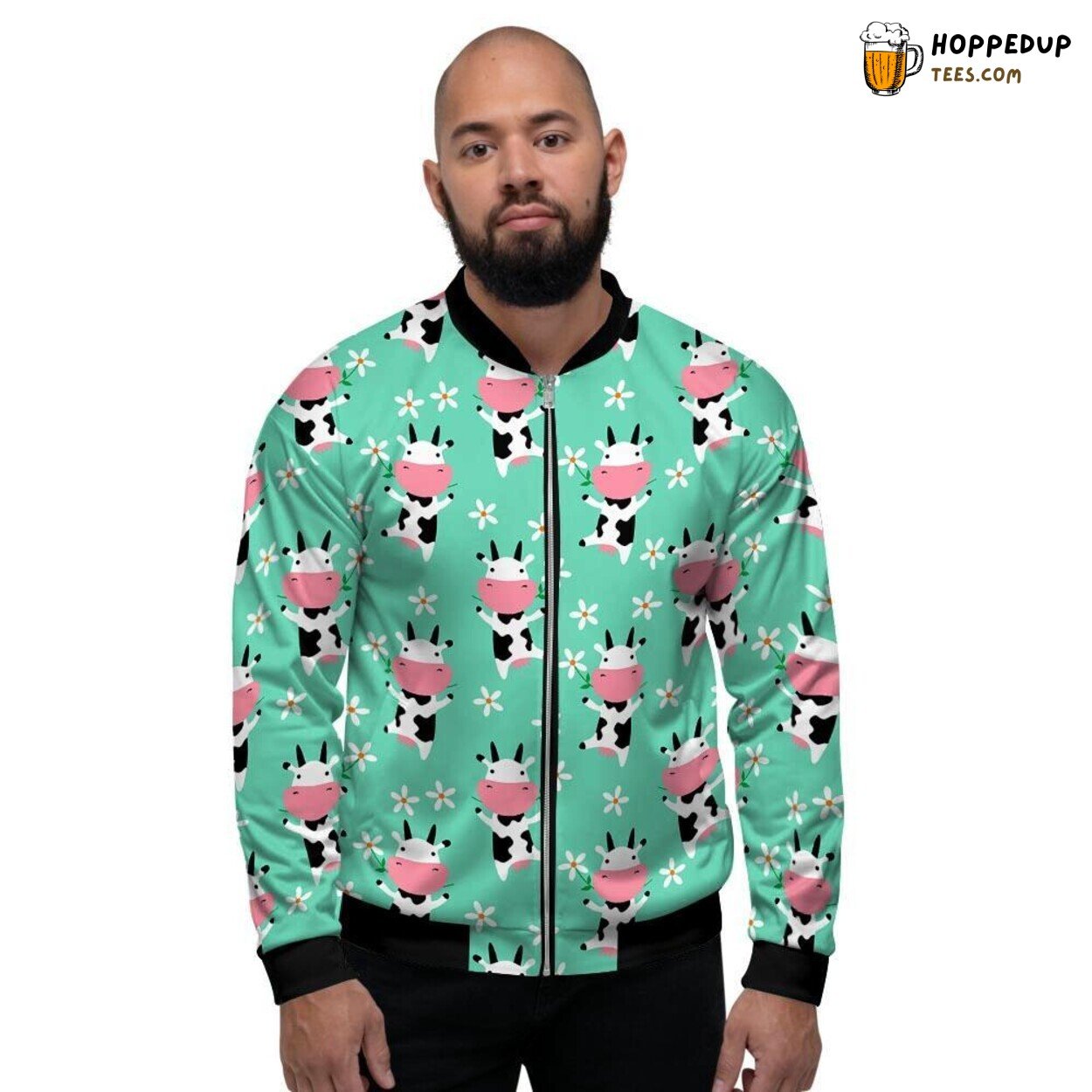 Floral Beauty Meets Cute Cow Display Men’s Bomber Jacket Nature Meets Farm Art