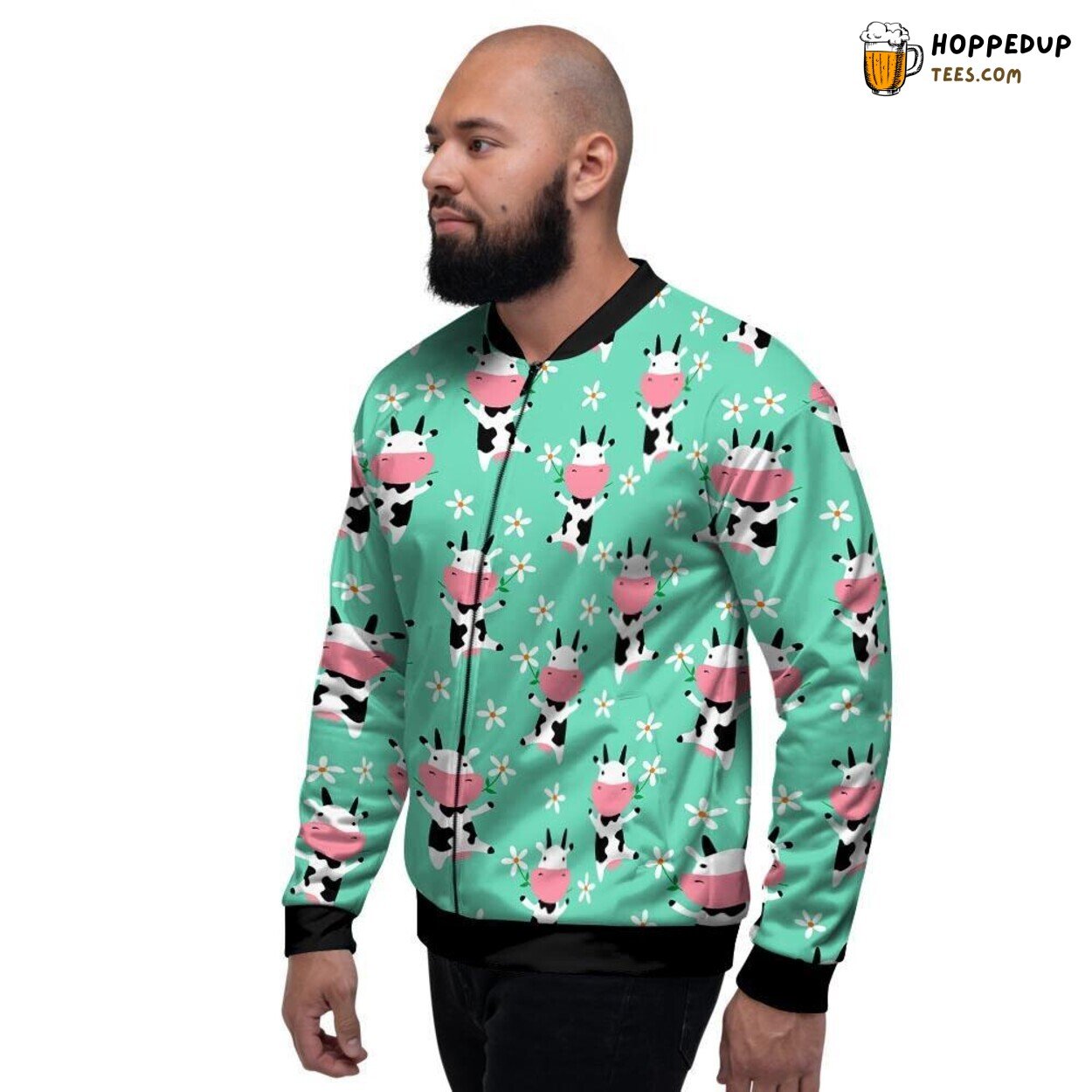 Floral Beauty Meets Cute Cow Display Men’s Bomber Jacket Nature Meets Farm Art