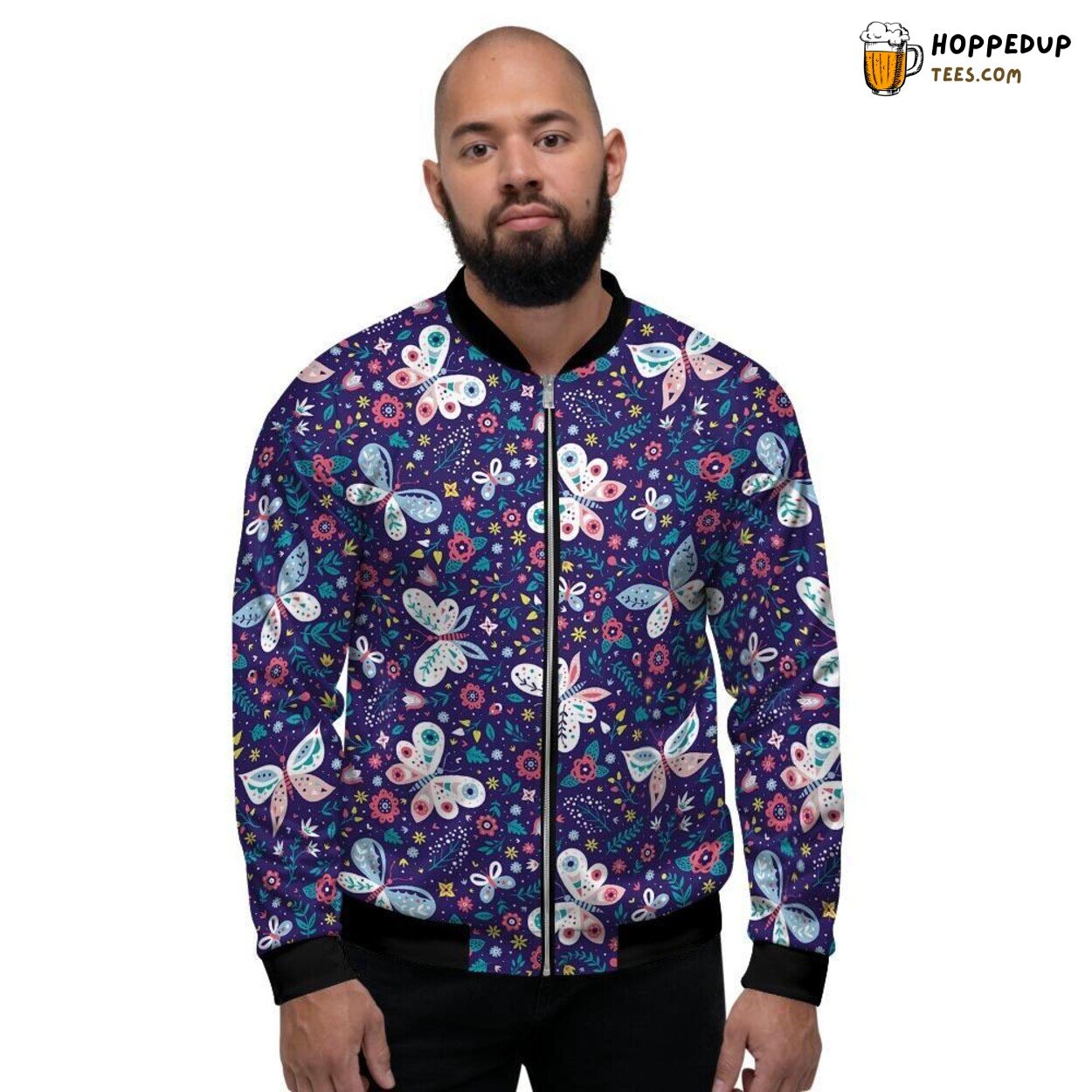 Floral Butterfly Blue Elegant Print Men’s Bomber Jacket Nature Artistic Display
