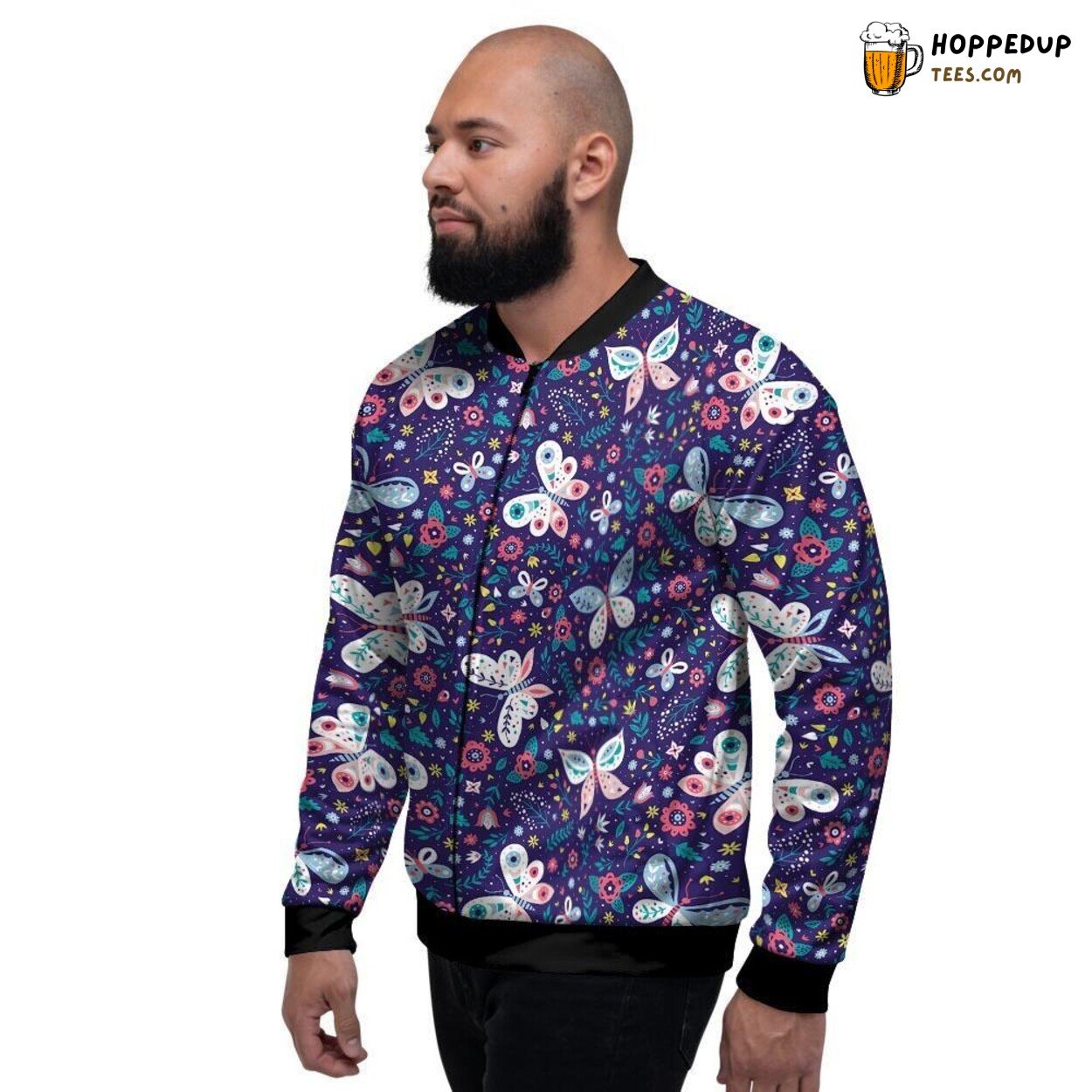 Floral Butterfly Blue Elegant Print Men’s Bomber Jacket Nature Artistic Display