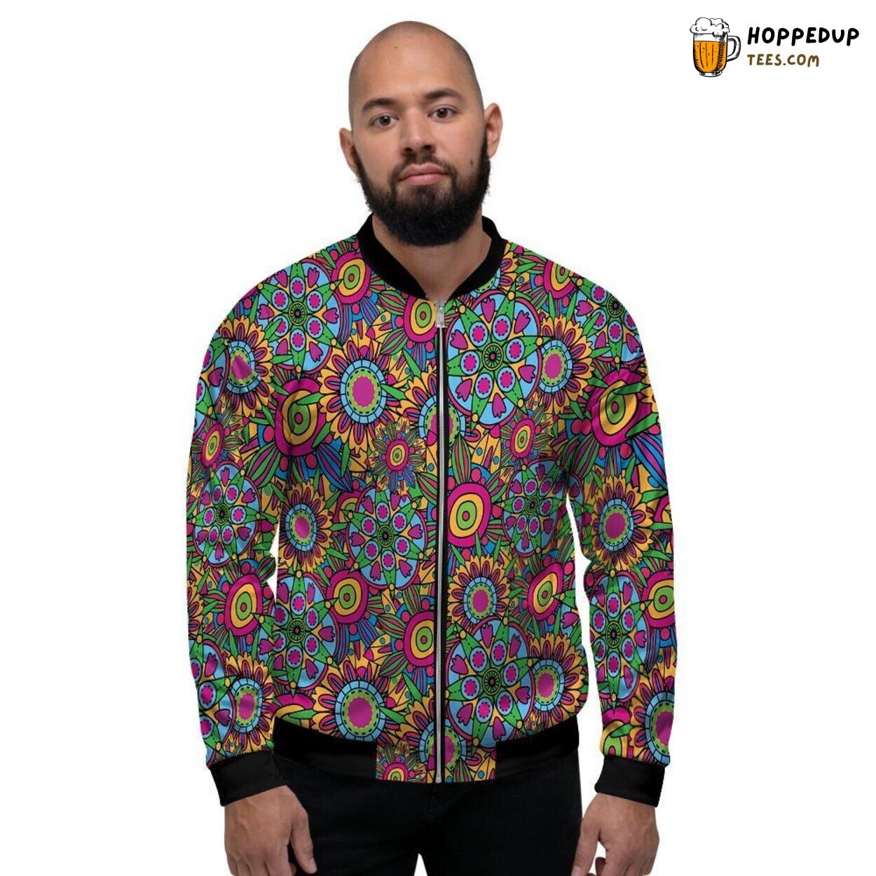 Floral Design Psychedelic Trippy Men’s Bomber Jacket Vibrant Colors Fashion Look