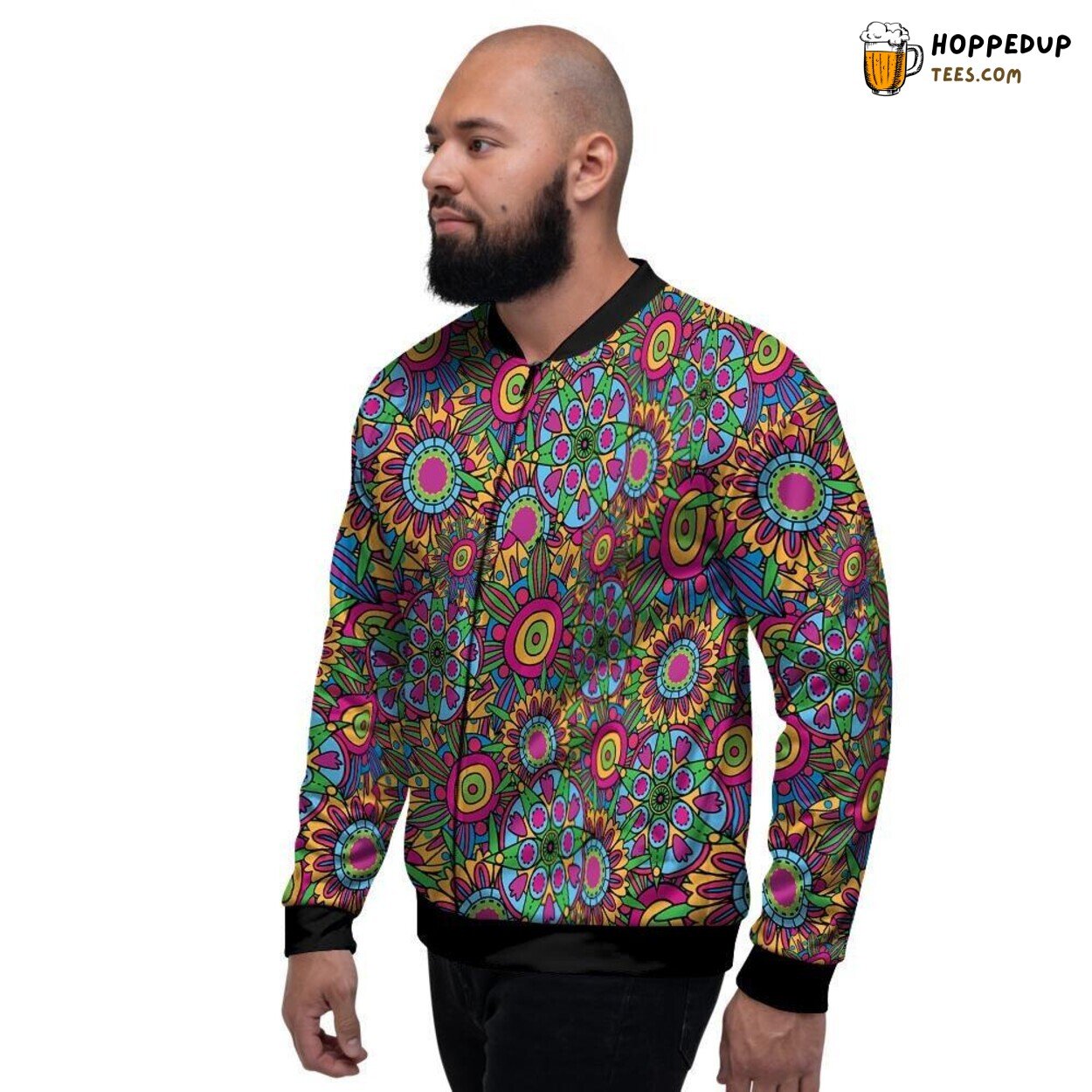 Floral Design Psychedelic Trippy Men’s Bomber Jacket Vibrant Colors Fashion Look
