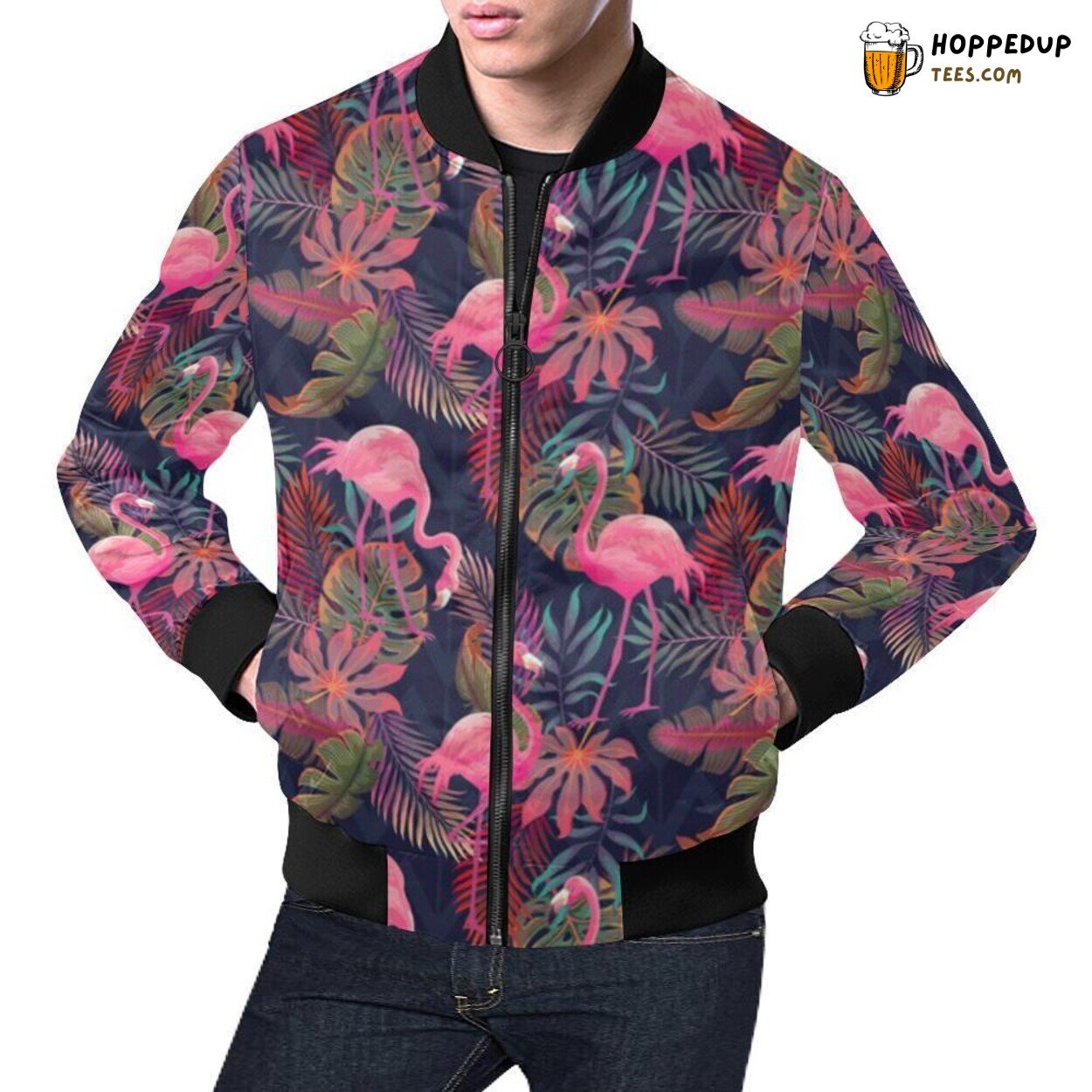 Floral Flamingo Palm Tropical Men’s Bomber Jacket Vibrant Hawaiian Design Look