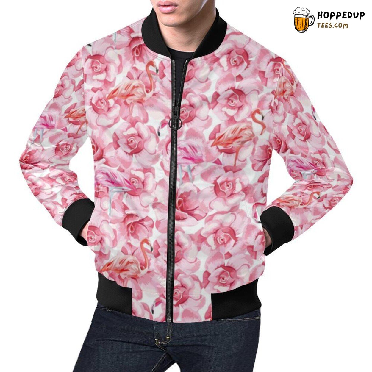 Floral Hawaiian Flamingo Design Men’s Bomber Jacket Tropical Bird Fashion Wear