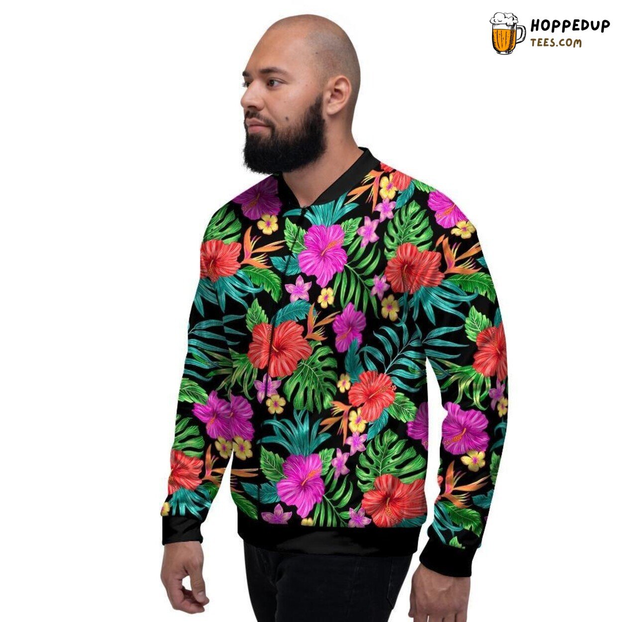 Floral Hibiscus Hawaiian Tropical Men’s Bomber Jacket Island Blooms Design