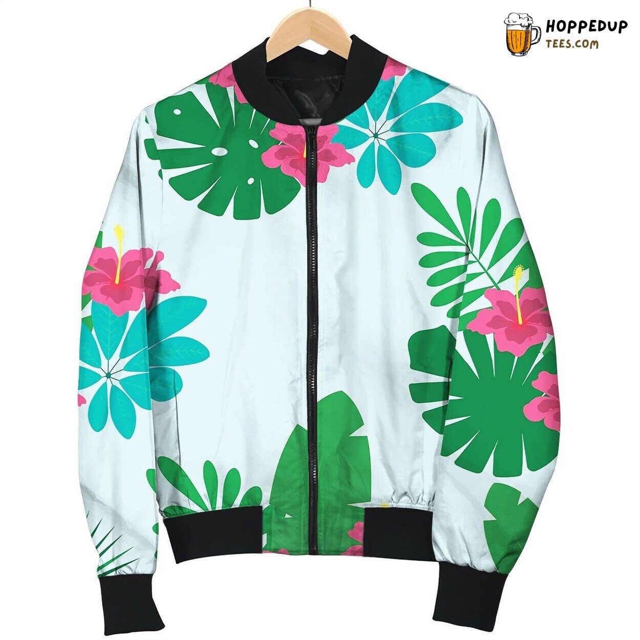 Floral Pattern On Blue Bomber Jacket