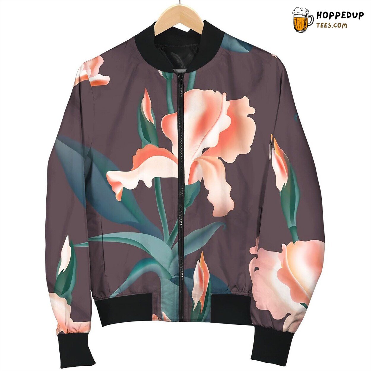 Floral Pattern Seamless Iris Flower Print Bomber Jacket