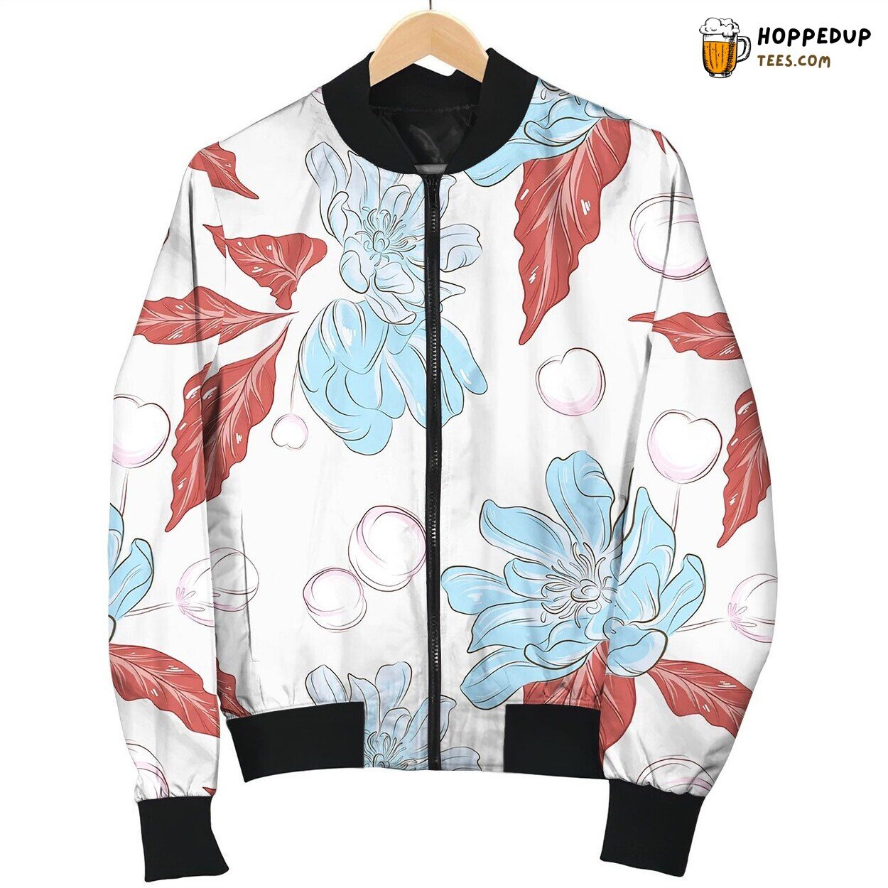 Floral Pattern With Blueflowers Red Leaves Summer Bomber Jacket