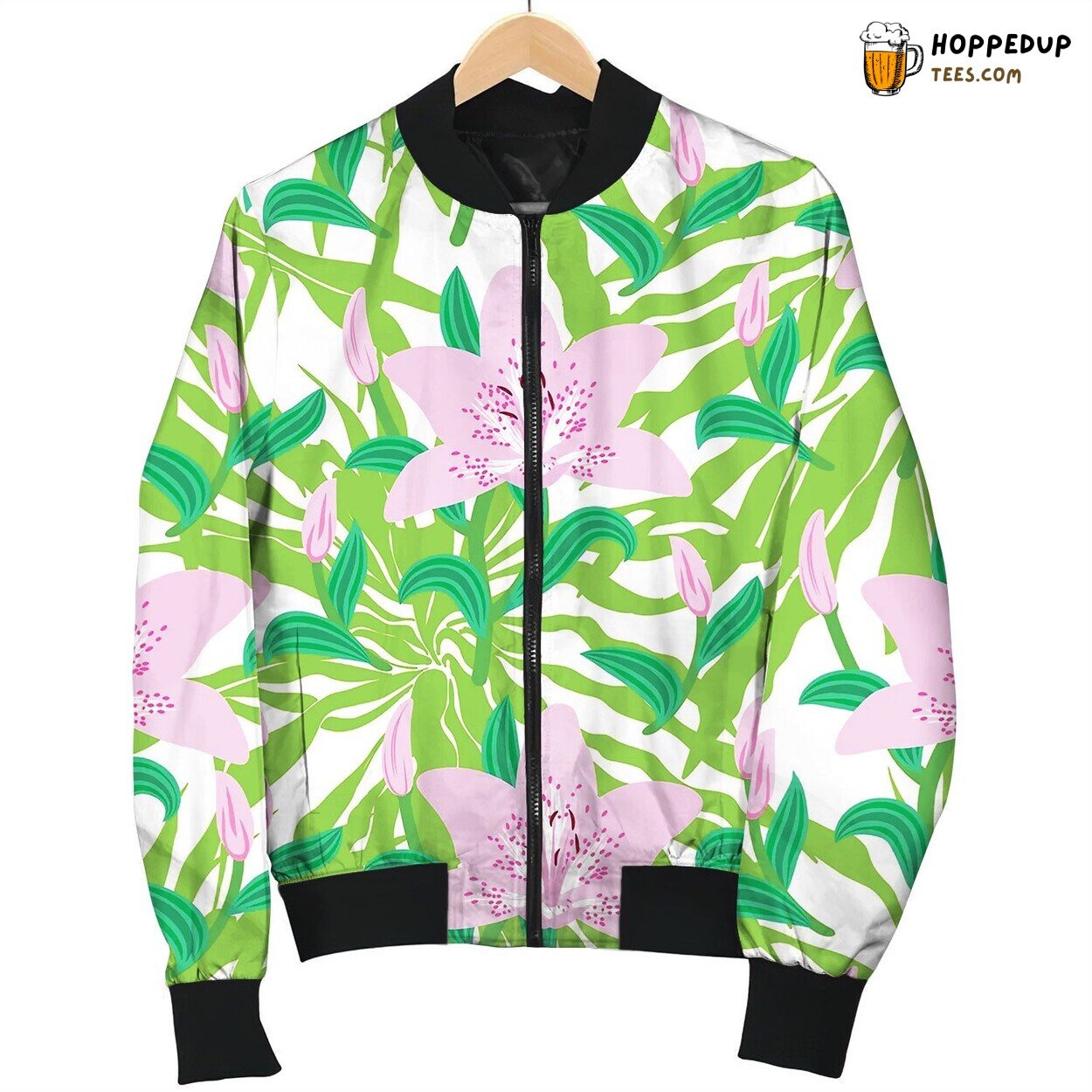 Floral Pattern With Tropical Big Pink Lily Flowers Bomber Jacket