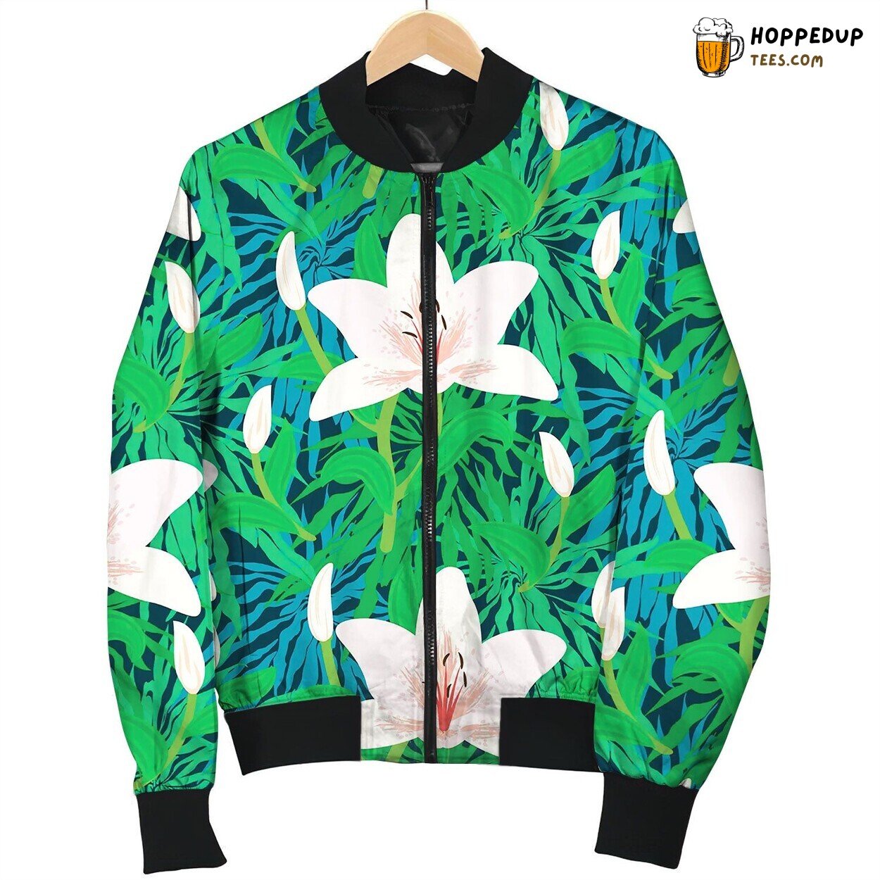 Floral Pattern With Tropical White Lily Flowers Bomber Jacket