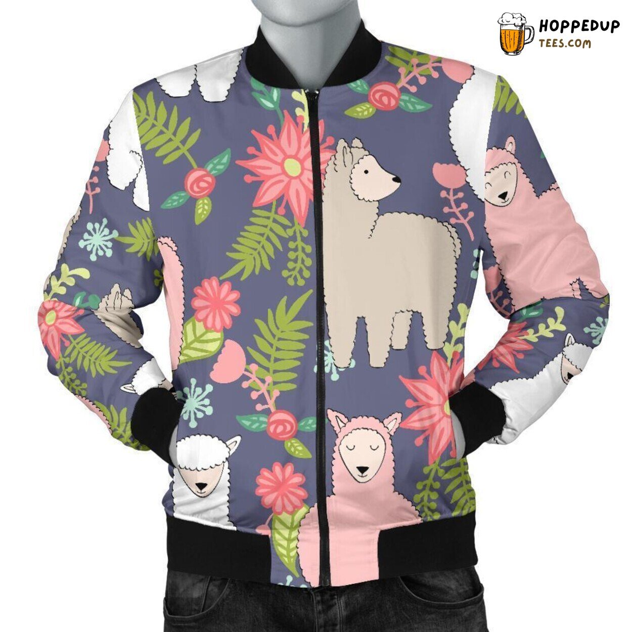 Floral Print Alpaca Pattern Men’s Bomber Jacket Unique Apparel