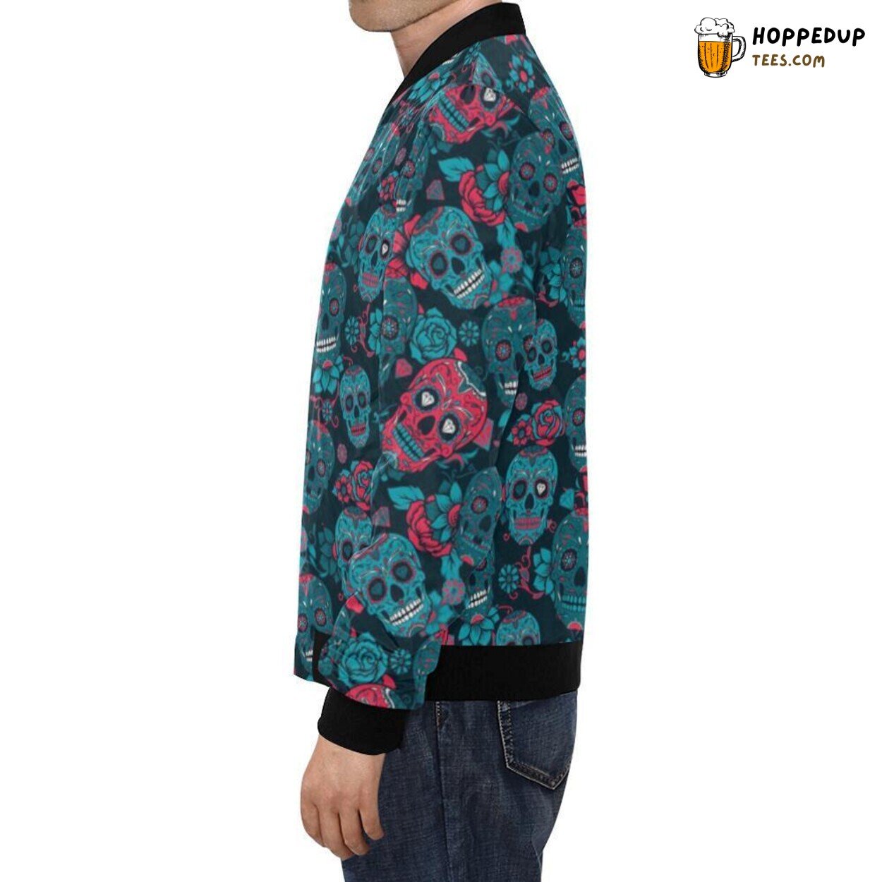 Floral Rose Pattern Print Skeleton Sugar Skull Girly Men’s Bomber Jacket