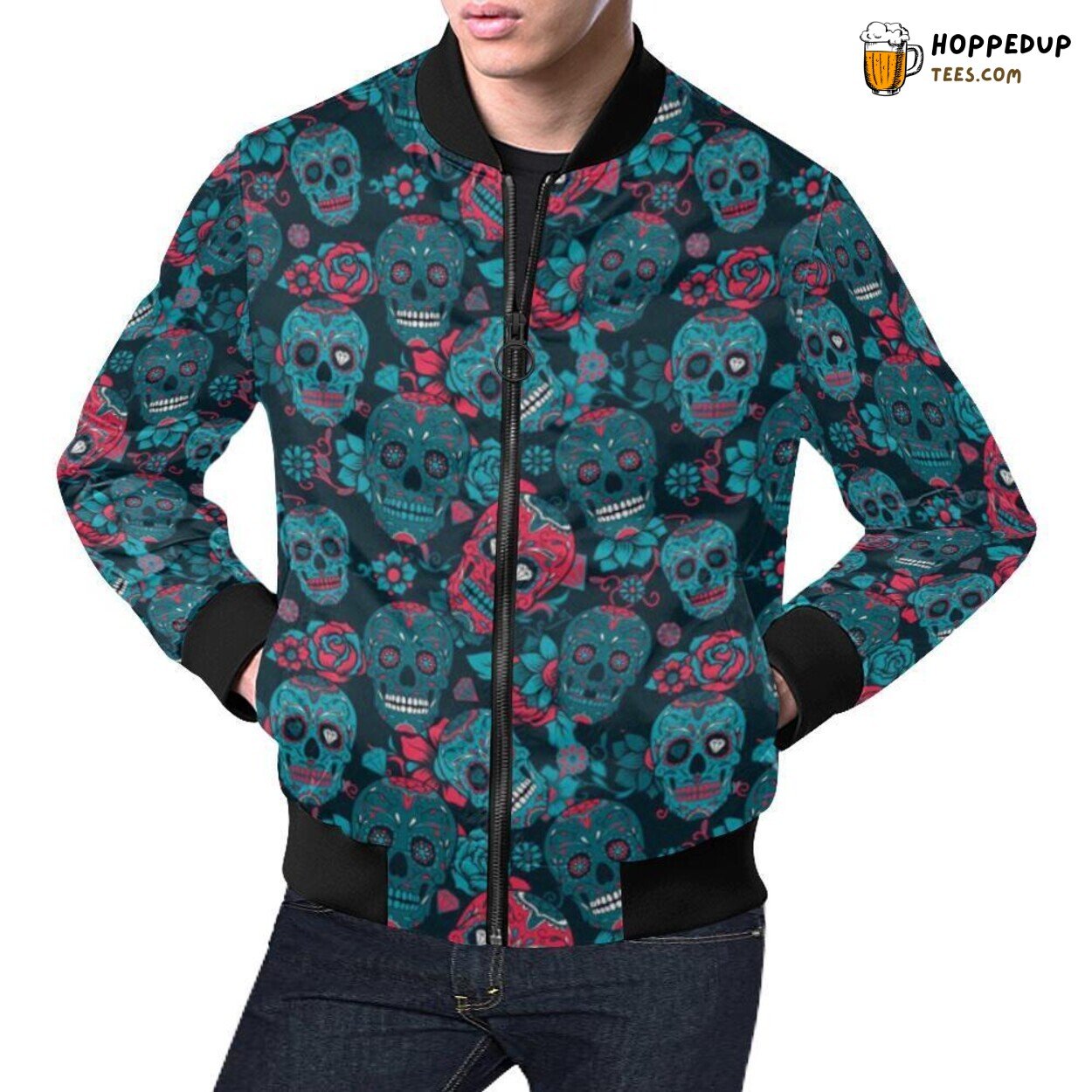 Floral Rose Pattern Print Skeleton Sugar Skull Girly Men’s Bomber Jacket