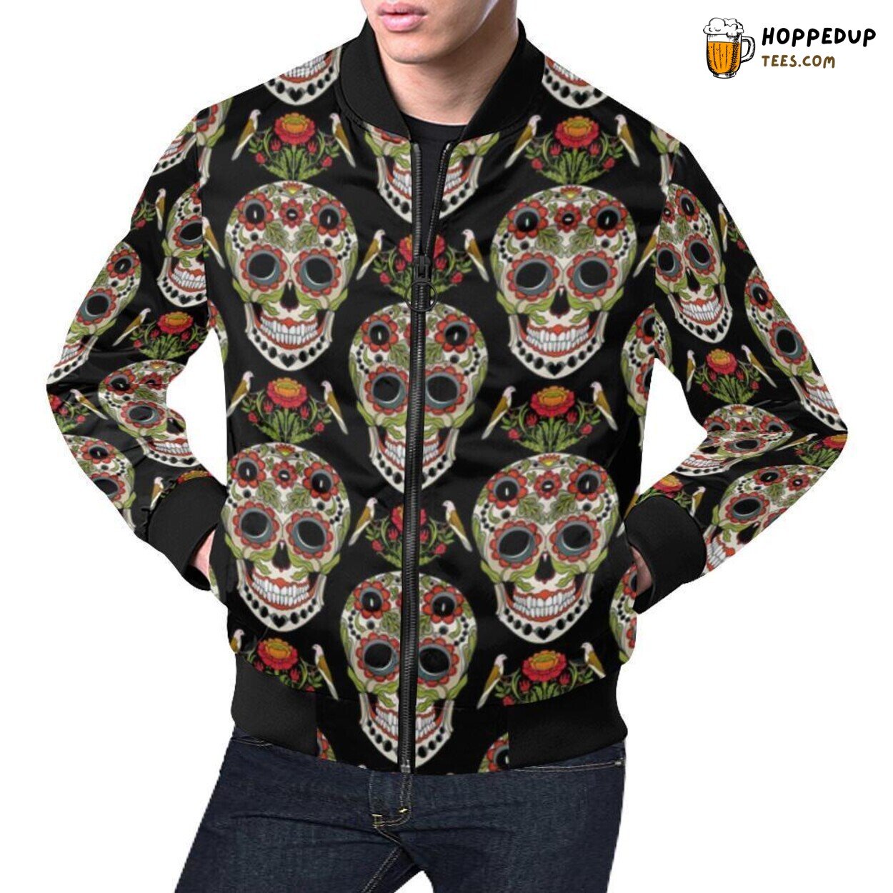 Floral Rose Skeleton Sugar Skull Girly Pattern Men’s Bomber Jacket Print