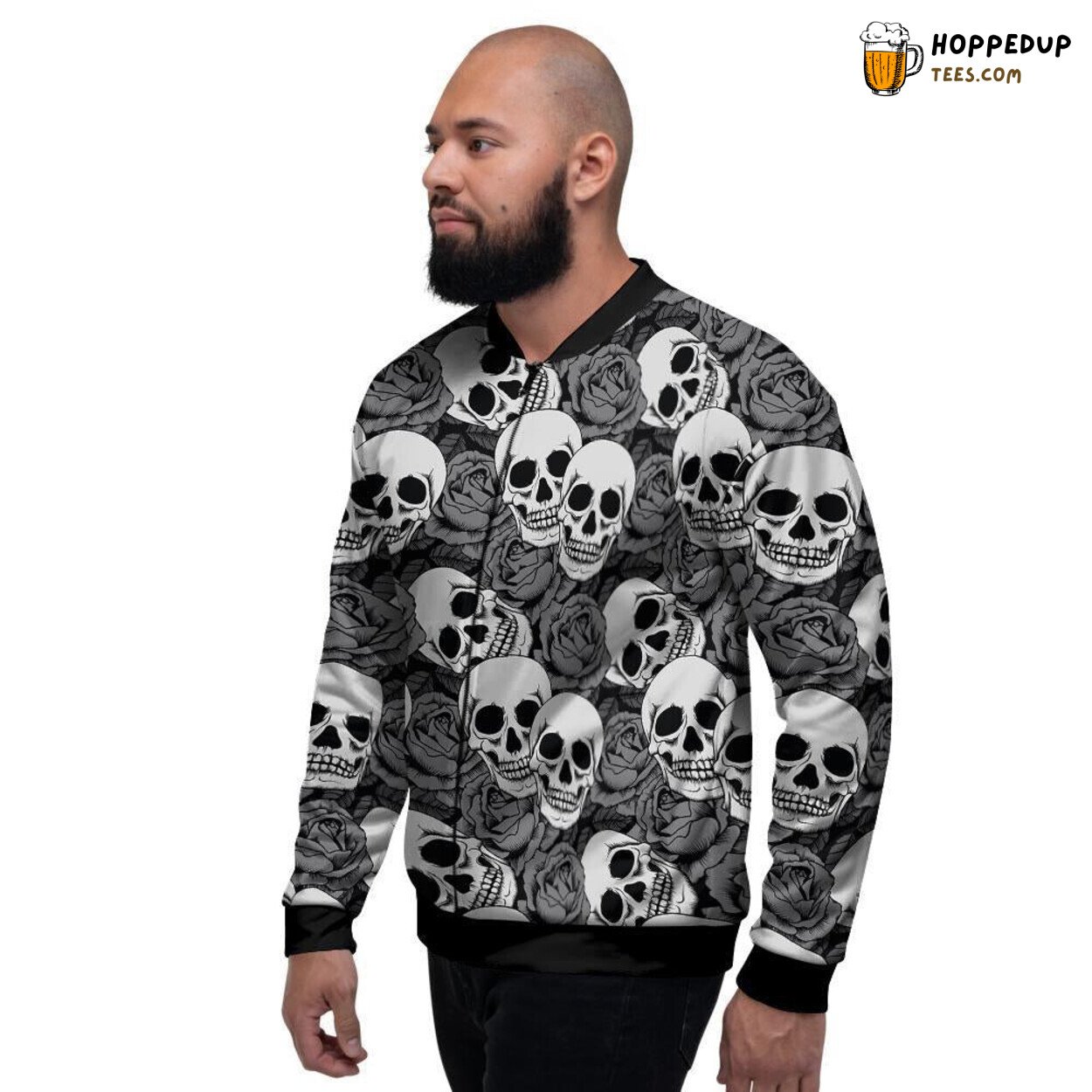 Floral Skull Rose White Black Design Men’s Bomber Jacket Edgy Nature Artistry