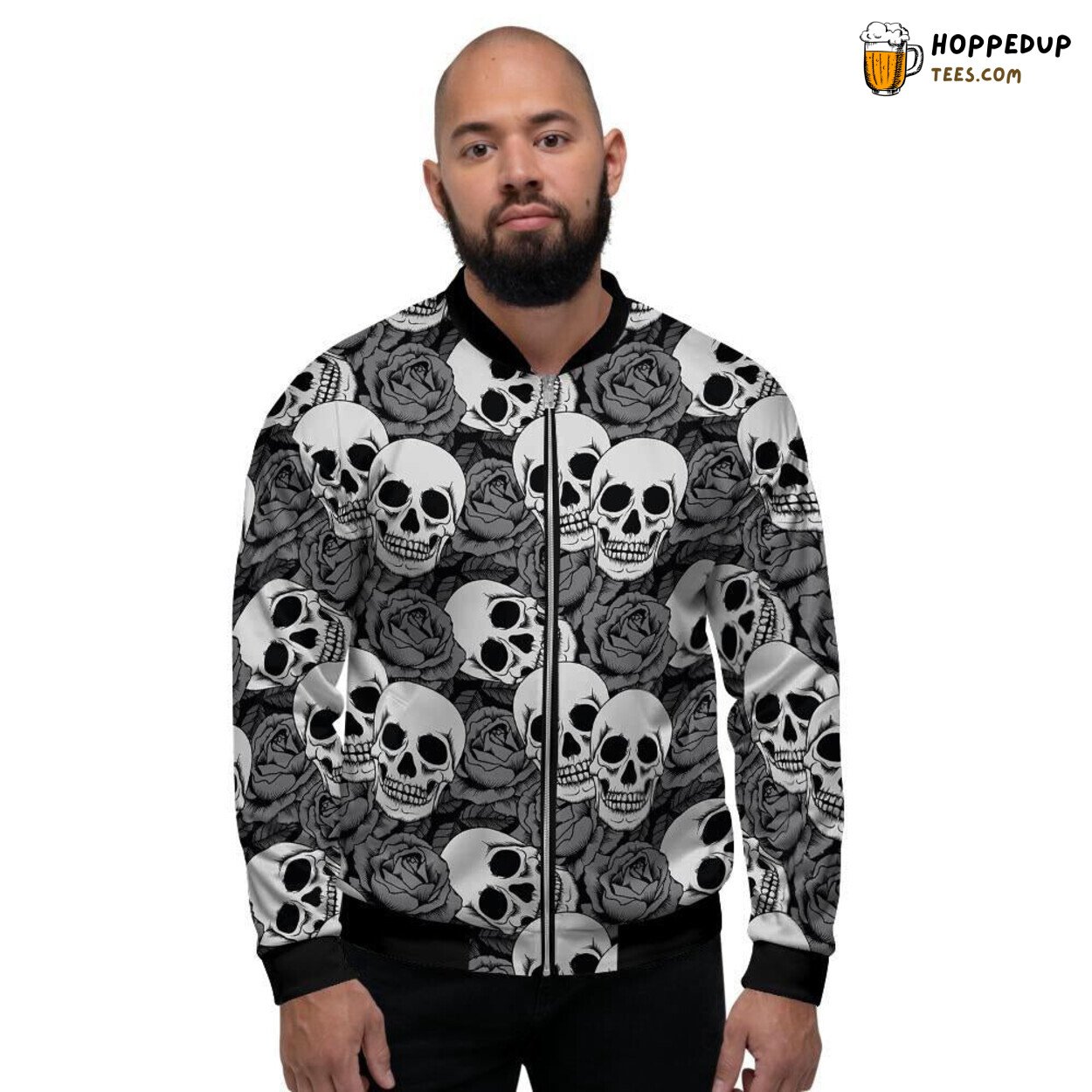 Floral Skull Rose White Black Design Men’s Bomber Jacket Edgy Nature Artistry