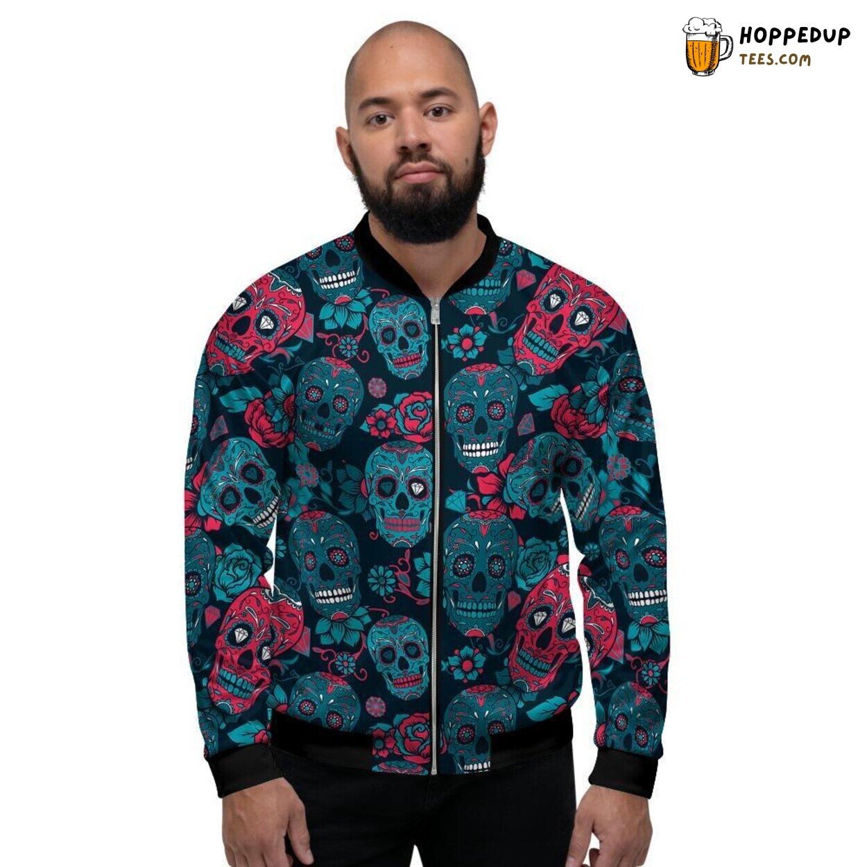 Floral Sugar Skull Blue Red Design Men’s Bomber Jacket Day of Dead Tribute Art