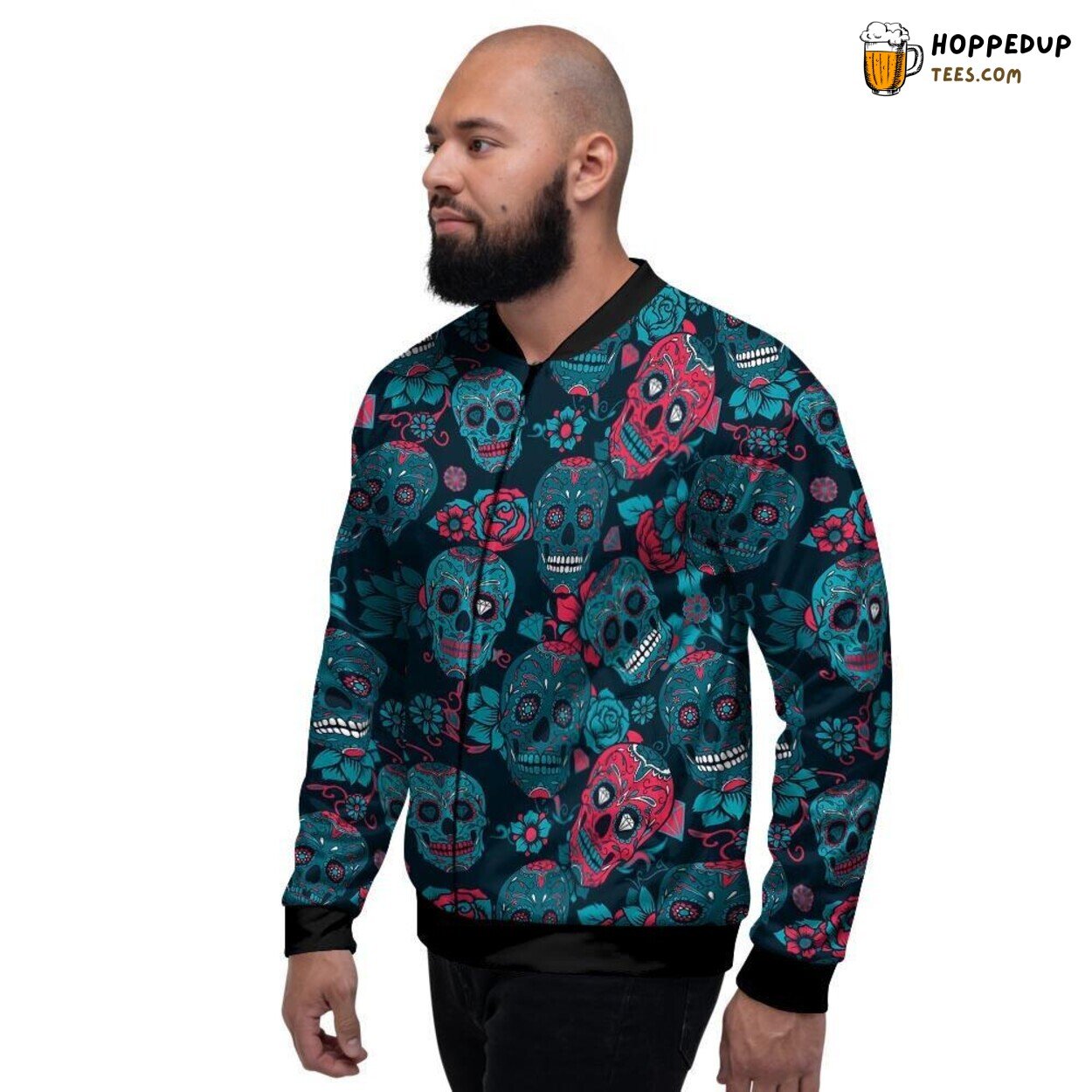 Floral Sugar Skull Blue Red Design Men’s Bomber Jacket Day of Dead Tribute Art