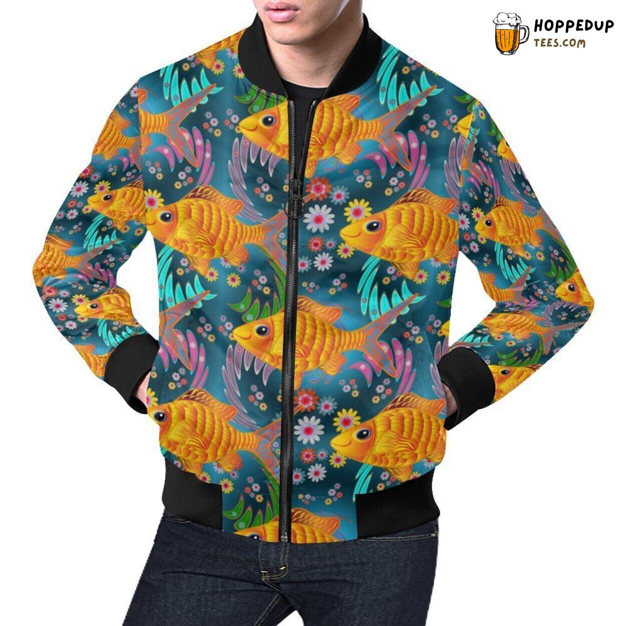 Floral Theme with Goldfish Print Pattern Men’s Bomber Jacket Design