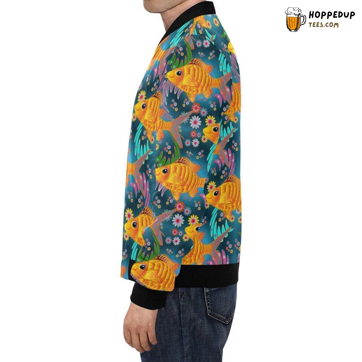 Floral Theme with Goldfish Print Pattern Men’s Bomber Jacket Design