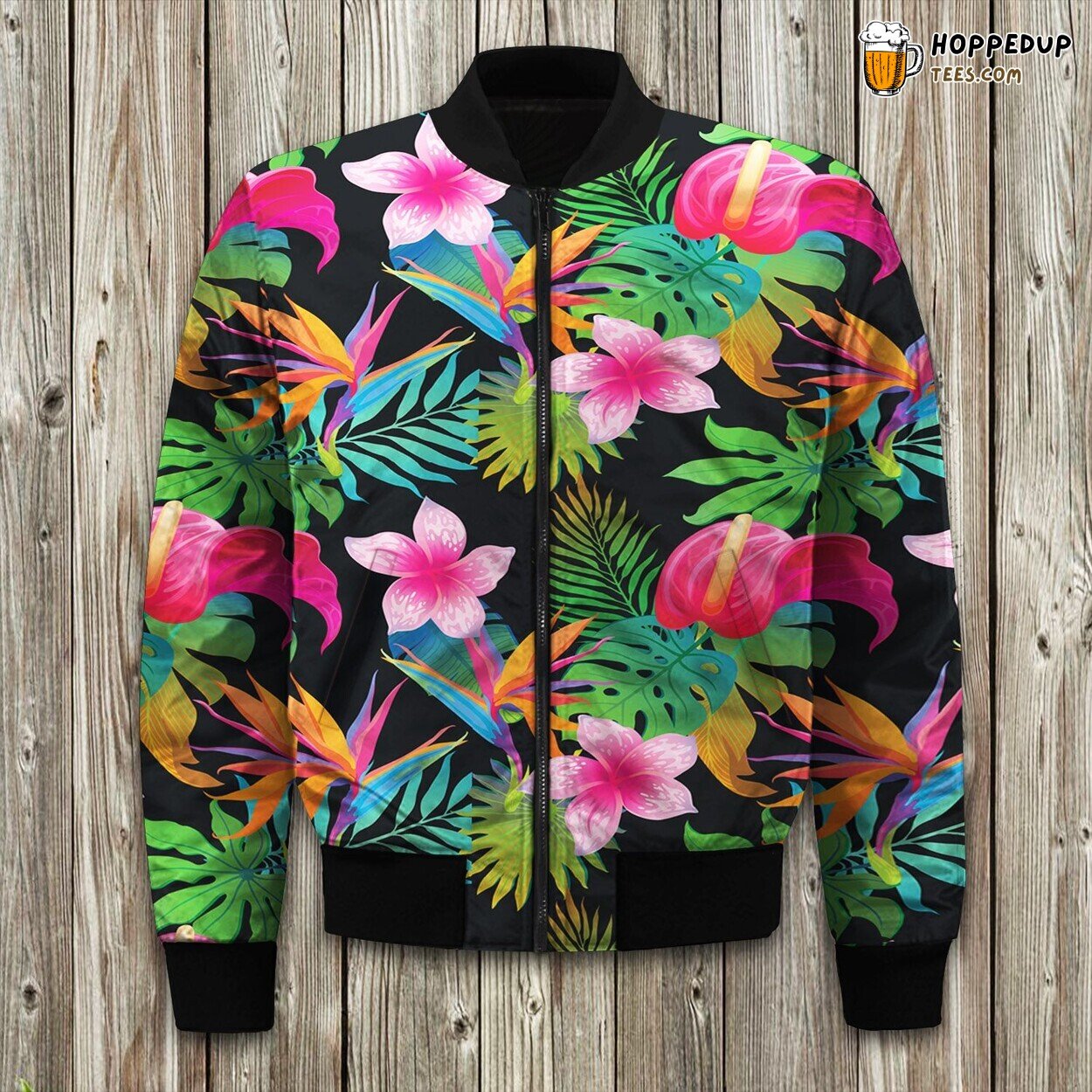 Floral Tropical Hawaiian Flower Hibiscus Palm Leaves Bomber Jacket