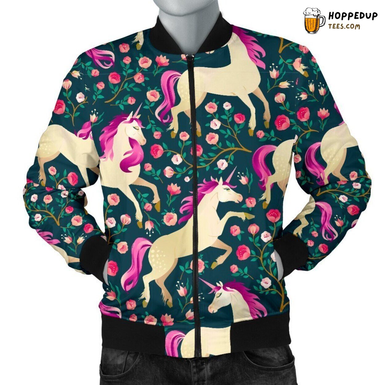 Floral Unicorn Enchantment Men’s Bomber Jacket Mystical Beauty Design Tribute