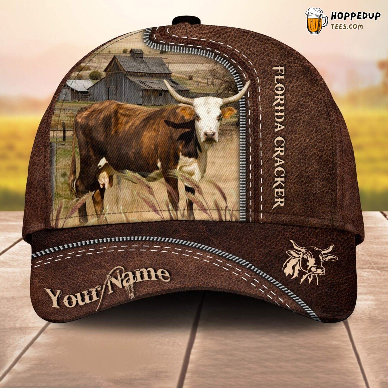 Florida Cracker Cow 3D Leather Pattern Custom Cap Baseball Farm Lovers
