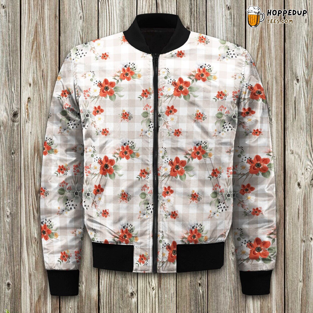 Flower Beautiful Beige White Check Gingham Floral Bomber Jacket