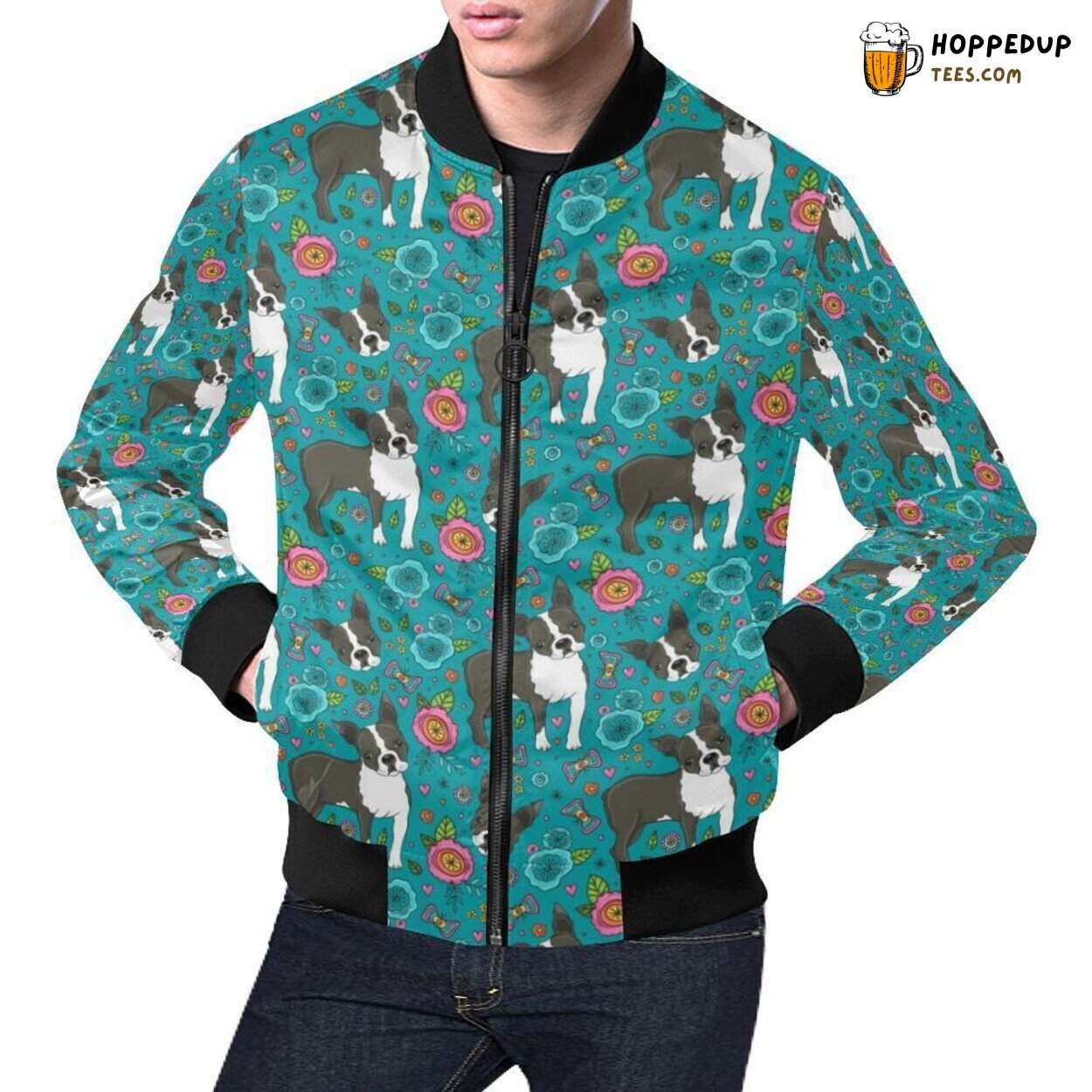 Flower Boston Terrier Pattern Print Men’s Bomber Jacket Unique Design Flower Boston Terrier Pattern Print Men’s Bomber Jacket Unique Design