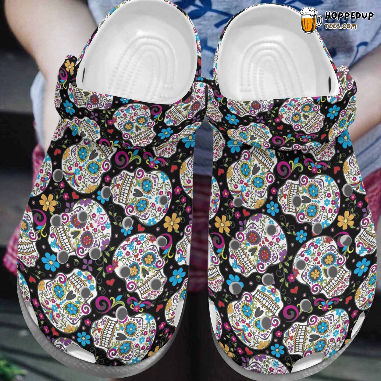 Flower Skullcap Art Themed Crocbland Comfort Birthday Clog Shoes