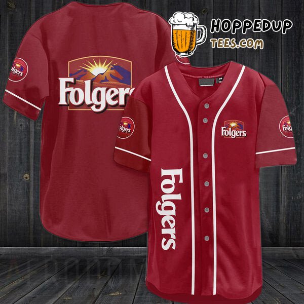 Folgers Coffee Themed Maroon Baseball Jersey Unique Distinctive Design Look