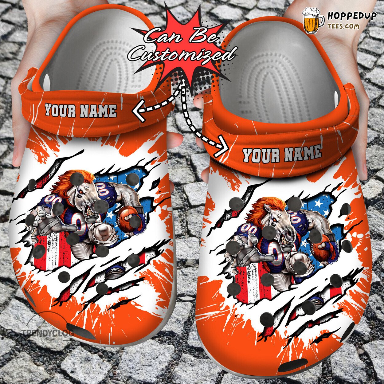 Football DBroncos Mascot Ripped Flag Personalized Unique Clogs