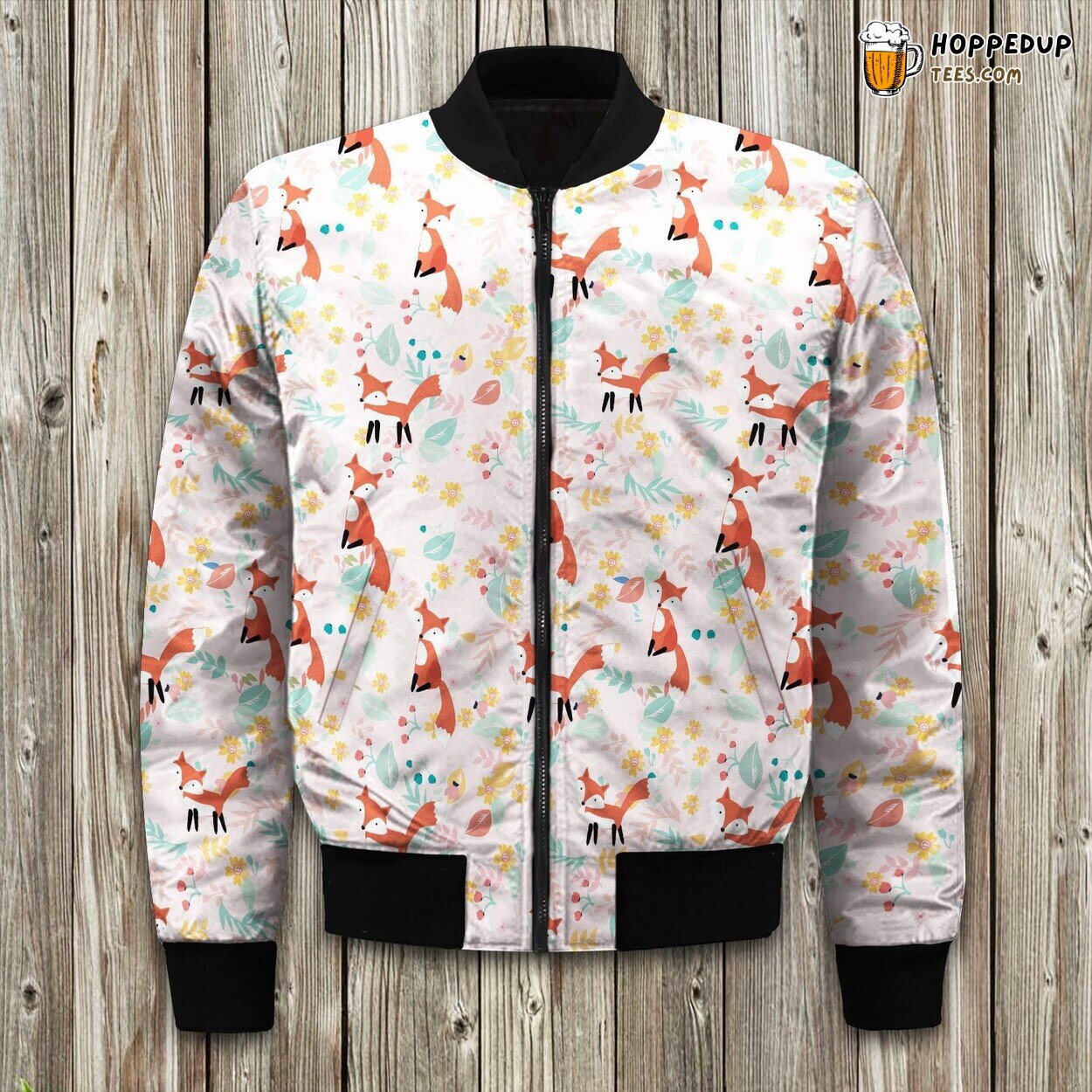 Fox Cute Flower And Leaves Bomber Jacket