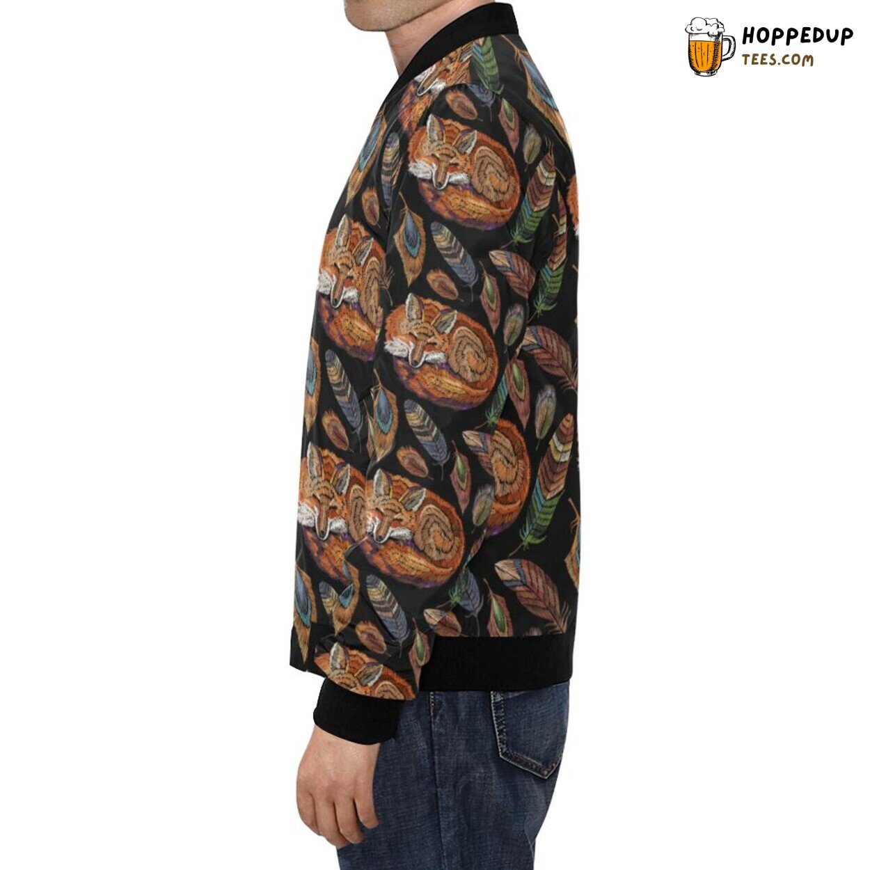 Fox with Feather Themed Pattern Men’s Bomber Jacket Unique Design Look