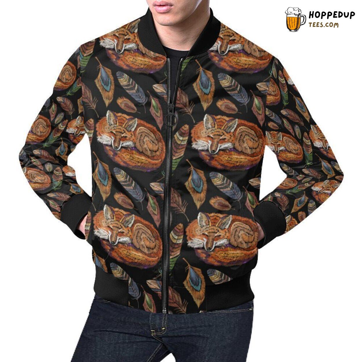 Fox with Feather Themed Pattern Men’s Bomber Jacket Unique Design Look Fox with Feather Themed Pattern Men’s Bomber Jacket Unique Design Look