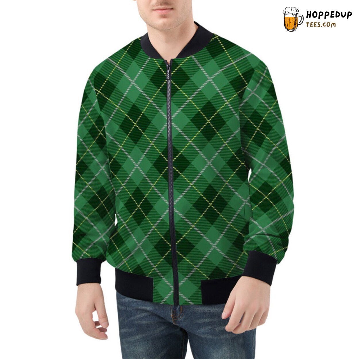 Fresh Green Hue in Tartan Plaid Pattern Showcased Bomber Jacket